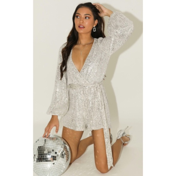 Champagne Sparkling Metallic Sequin Holiday Cocktail Wrap Style Romper - Picture 1 of 8
